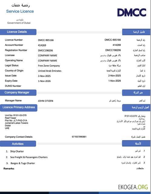 Modèle Word et PDF de licence de service des Émirats arabes unis à Dubaï